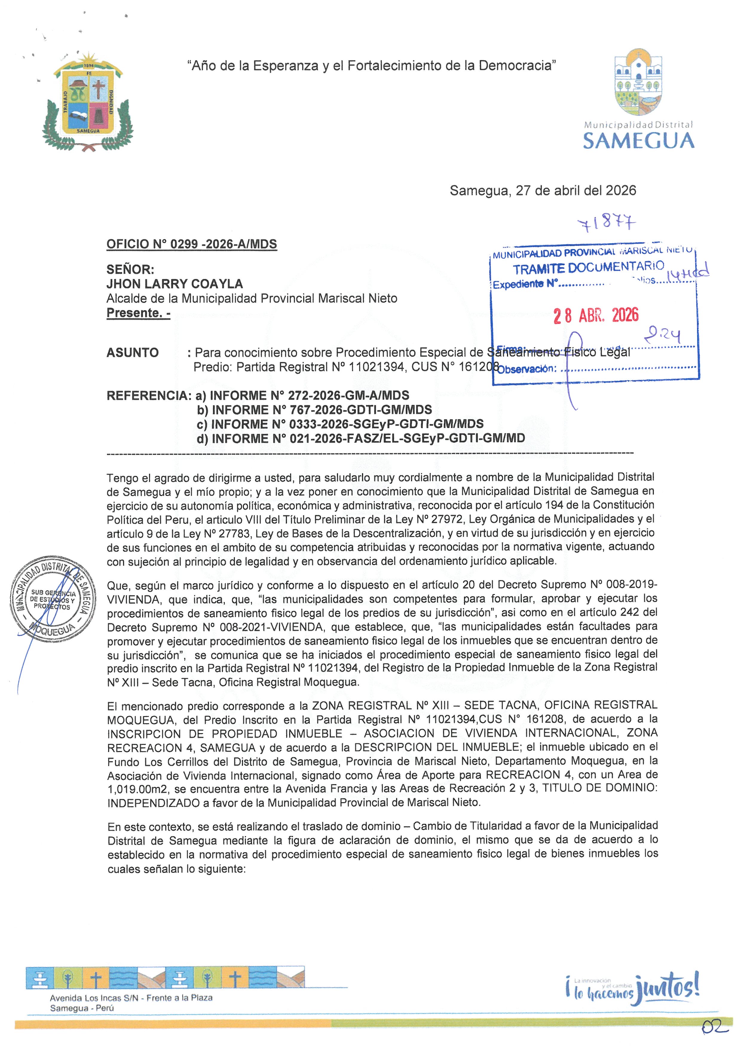 OFICIO N.º 0299-2026-A/MDS